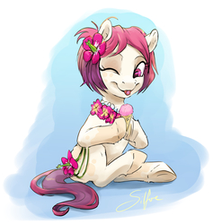 Size: 1868x1967 | Tagged: safe, artist:silfoe, oc, oc only, oc:peony, earth pony, pony, commission, cute, female, floral necklace, flower, flower in hair, food, hibiscus, ice cream, jewelry, mare, necklace, ocbetes, one eye closed, pearl necklace, smiling, solo, underhoof