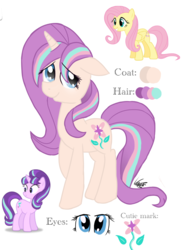 Size: 768x1024 | Tagged: safe, artist:darkpathwalker9900, fluttershy, starlight glimmer, oc, pegasus, pony, unicorn, g4, cutie mark, female, floppy ears, magical lesbian spawn, mare, next generation, offspring, parent:fluttershy, parent:starlight glimmer, parents:glimmershy, reference sheet, simple background, solo, white background