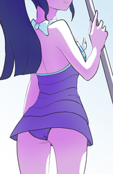 Size: 785x1206 | Tagged: safe, artist:grissaecrim, sci-twi, twilight sparkle, equestria girls, equestria girls specials, g4, my little pony equestria girls: better together, my little pony equestria girls: forgotten friendship, ass, attached skirt, bow swimsuit, breasts, butt, clothes, dress, female, one-piece swimsuit, open-back swimsuit, ponytail, preview, purple swimsuit, sci-twi swimsuit, sci-twibutt, smiling, solo, striped swimsuit, swimsuit, tricolor swimsuit, twibutt