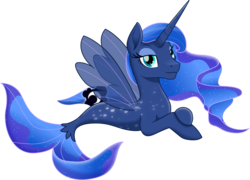 Size: 3000x2163 | Tagged: safe, artist:theshadowstone, princess luna, pony, seapony (g4), g4, female, fin wings, high res, lidded eyes, looking at you, mare, movie accurate, seaponified, seapony luna, show accurate, simple background, solo, species swap, transparent background, wings