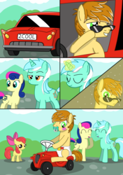 Size: 1130x1601 | Tagged: safe, artist:diaperdude, apple bloom, bon bon, feather bangs, lyra heartstrings, sweetie drops, g4, car, comic, diaper, diapered, funny, humiliation, humor, magic, magic abuse, non-baby in diaper, pacifier, toy car, transformation