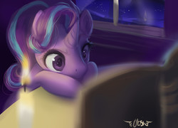 Size: 3008x2160 | Tagged: safe, artist:obsidelle, starlight glimmer, pony, unicorn, g4, book, candle, female, high res, night, reading, solo, stars, window