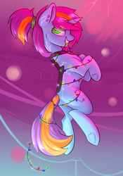 Size: 1400x2000 | Tagged: safe, artist:justafallingstar, artist:kameomia, oc, oc only, oc:lore drive, pony, unicorn, abstract, abstract background, augmented, collaboration, collar, cyberpunk, female, garland, mare, ponytail, underhoof