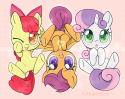 Size: 900x713 | Tagged: safe, artist:ichigochichi, apple bloom, scootaloo, sweetie belle, earth pony, pegasus, pony, unicorn, g4, adorabloom, colored pupils, cute, cutealoo, cutie mark crusaders, diasweetes, female, filly, heart, one eye closed, tongue out, trio, wink