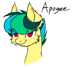 Size: 1024x964 | Tagged: safe, artist:ravvij, oc, oc only, oc:apogee, pony, blue, cel shading, cheek fluff, cute, ear fluff, female, filly, freckles, green, mane, mare, sexy, sketch, solo, yellow