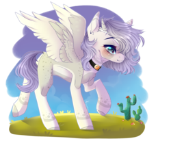 Size: 2000x1650 | Tagged: safe, artist:skimea, oc, oc only, oc:mayumi, pegasus, pony, art trade, cactus, choker, female, horns, mare, raised hoof, smiling, solo