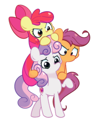 Size: 1600x2000 | Tagged: safe, artist:turtlefarminguy, apple bloom, scootaloo, sweetie belle, earth pony, pegasus, pony, unicorn, g4, bow, concerned, cute, cutie mark crusaders, female, filly, hair bow, raised hoof, raised leg, simple background, tower of pony, transparent background, trio