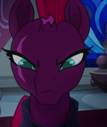 Size: 675x803 | Tagged: safe, screencap, tempest shadow, pony, unicorn, g4, my little pony: the movie, angry, armor, beautiful, broken horn, cracked horn, cropped, eye scar, female, frown, furious, horn, irritated, looking down, mare, mohawk, narrowed eyes, opal eyes, scar, scowl, solo, stained glass, throne room