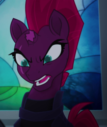 Size: 675x803 | Tagged: safe, screencap, tempest shadow, pony, g4, my little pony: the movie, angry, broken horn, cropped, eye scar, female, furious, horn, scar, solo, stained glass, yelling