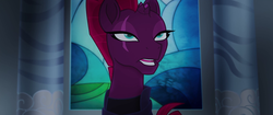 Size: 1920x804 | Tagged: safe, screencap, tempest shadow, pony, g4, my little pony: the movie, armor, broken horn, calm, canterlot castle, cracked horn, female, horn, lidded eyes, mohawk, narrowed eyes, solo, stained glass