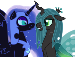 Size: 2048x1536 | Tagged: safe, artist:kindheart525, nightmare moon, queen chrysalis, alicorn, changeling, changeling queen, pony, g4, bedroom eyes, female, lesbian, looking at each other, ship:chrysmoon, shipping