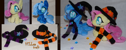 Size: 1024x410 | Tagged: safe, artist:my-little-plush, fluttershy, princess luna, alicorn, pony, g4, clothes, colored pupils, duo, female, folded wings, hat, irl, jewelry, mare, photo, plushie, regalia, s1 luna, scarf, watermark