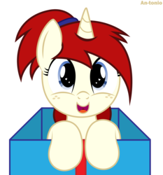 Size: 4651x5000 | Tagged: safe, artist:an-tonio, oc, oc only, oc:silver draw, pony, absurd resolution, box, freckles, happy, heart eyes, looking at you, pony in a box, present, simple background, solo, transparent background, vector, wingding eyes