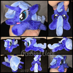 Size: 1600x1600 | Tagged: safe, artist:rubiowolf, princess luna, alicorn, pony, g4, beanie (plushie), female, folded wings, hand, irl, mare, missing accessory, photo, plushie, prone, s1 luna, solo, tongue out