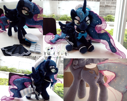 Size: 1600x1280 | Tagged: safe, artist:catcatcatandcat, princess luna, alicorn, pony, g4, clothes, female, irl, lidded eyes, mare, missing accessory, photo, plushie, prone, skirt, solo, spread wings, wings
