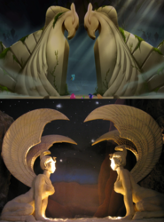 Size: 728x983 | Tagged: safe, edit, edited screencap, screencap, griffon, pegasus, pony, sphinx, g4, my little pony: the movie, breasts, comparison, gate, hippogriffia, reference, statue, the neverending story