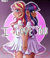 Size: 2975x3500 | Tagged: safe, artist:mylittleyuri, sunset shimmer, twilight sparkle, human, equestria girls, g4, back to back, blue hair, blushing, breasts, clothes, crying, dark skin, digital art, dress, eyelashes, female, high res, holding hands, humanized, lesbian, long hair, looking back, love, multicolored hair, pink hair, purple hair, red hair, ship:sunsetsparkle, shipping, yellow hair