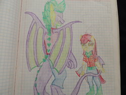 Size: 1024x768 | Tagged: safe, artist:piolloverdades, apple bloom, spike, dragon, anthro, g4, axe, clothes, drawing, female, graph paper, lined paper, male, notebook, older, older apple bloom, older spike, pants, prehensile tail, ship:spikebloom, shipping, straight, traditional art, weapon, winged spike, wings