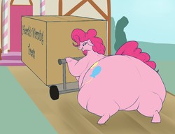 Size: 1280x981 | Tagged: safe, artist:astr0zone, pinkie pie, earth pony, anthro, g4, ass, balloonbutt, belly, big belly, box, butt, candy, fat, female, food, huge belly, huge butt, impossibly large butt, large belly, large butt, morbidly obese, obese, piggy pie, pudgy pie, pushing, solo, struggle, sweat, sweets, the ass was fat, trolley