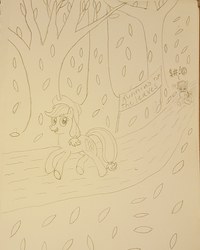Size: 1718x2147 | Tagged: safe, artist:pony_brony_art, applejack, rainbow dash, pony, fall weather friends, g4, season 1, duo, female, leaves, lesbian, monochrome, paper, pencil, pencil drawing, race, running, running of the leaves, ship:appledash, shipping, traditional art, tree