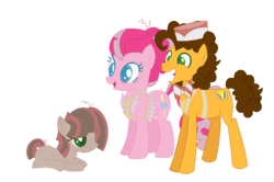 Size: 822x547 | Tagged: safe, artist:iminitelakes, cheese sandwich, pinkie pie, oc, oc:rocky road, earth pony, pony, g4, alternate hairstyle, apron, bags under eyes, blank flank, bowtie, clothes, colored pupils, female, filly, hair up, male, offspring, older, parent:cheese sandwich, parent:pinkie pie, parents:cheesepie, ship:cheesepie, shipping, simple background, straight, transparent background