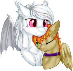 Size: 2500x2439 | Tagged: safe, artist:gleamydreams, oc, oc only, oc:monty pone, oc:wynter skye, bat pony, collar, female, high res, lesbian, mare, red eyes, simple background, transparent background, wings, ych result