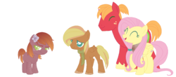 Size: 1097x484 | Tagged: safe, artist:iminitelakes, big macintosh, fluttershy, oc, oc:apple lily, oc:brown sugar, earth pony, pegasus, pony, g4, alternate hairstyle, clothes, colored pupils, colt, eyes closed, female, filly, flower, flower in hair, male, offspring, parent:big macintosh, parent:fluttershy, parents:fluttermac, ponytail, scarf, ship:fluttermac, shipping, simple background, straight, stubble, transparent background