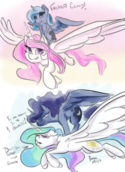 Size: 2400x3296 | Tagged: safe, artist:firimil, princess celestia, princess luna, alicorn, pony, g4, aladdin, dialogue, duo, female, filly, flying, high res, luna riding celestia, mare, pink-mane celestia, ponies riding ponies, riding, royal sisters, smiling, those days are over, woona, younger