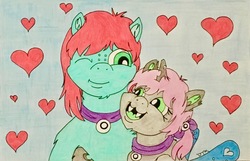 Size: 3826x2458 | Tagged: safe, artist:jamestkelley, oc, oc only, oc:oculus, oc:peppermint, changeling, earth pony, pony, changeling oc, green changeling, high res, hug, love, married couple, pink hair, traditional art, white changeling