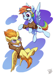 Size: 1200x1617 | Tagged: safe, artist:tsitra360, rainbow dash, spitfire, pegasus, pony, g4, bomber jacket, duo, female, flying, goggles, looking at each other, mare, smiling, sunglasses