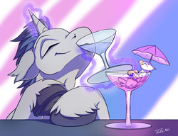 Size: 1200x921 | Tagged: safe, artist:tsitra360, oc, oc only, oc:der, oc:verlo streams, griffon, pony, unicorn, alcohol, cocktail glass, drink, drunk, duo, glowing horn, horn, magic, male, micro, simple background, telekinesis, umbrella, underhoof, unshorn fetlocks