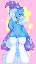 Size: 1788x3159 | Tagged: safe, artist:bunxl, trixie, unicorn, semi-anthro, g4, arm hooves, cape, clothes, featureless crotch, female, hat, mare, socks, solo, starry eyes, stockings, thigh highs, trixie's cape, trixie's hat, wide hips, wingding eyes
