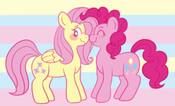 Size: 1768x1075 | Tagged: safe, artist:flutterflower, artist:starflutterfly, fluttershy, pinkie pie, g4, blushing, female, lesbian, ship:flutterpie, shipping