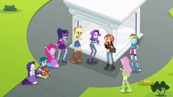 Size: 1920x1080 | Tagged: safe, screencap, applejack, fluttershy, juniper montage, pinkie pie, rainbow dash, rarity, sci-twi, starlight glimmer, sunset shimmer, twilight sparkle, human, equestria girls, equestria girls specials, g4, my little pony equestria girls: mirror magic, discovery family logo, female, humane five, humane seven, humane six, sci-twi outfits