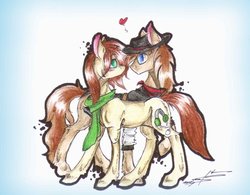 Size: 1024x797 | Tagged: safe, artist:scootiegp, oc, oc only, oc:bullet, oc:saskia, bandana, blushing, clothes, duo, female, hat, headphones, heart, looking at each other, love, male, mare, scarf, shawl, shipping, signature, simple background, stallion, standing