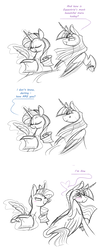 Size: 808x1920 | Tagged: safe, artist:selective-yellow, rarity, twilight sparkle, alicorn, pony, unicorn, g4, comic, crying, cunning, dialogue, duo, female, glowing horn, horn, lesbian, magic, mare, monochrome, paper, partial color, quill, ship:rarilight, shipping, simple background, sketch, smiling, telekinesis, twilight sparkle (alicorn), white background