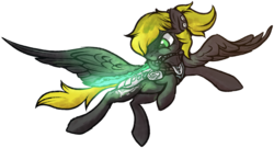 Size: 1024x554 | Tagged: safe, artist:tiothebeetle, oc, oc only, oc:aalst the blade of society, oc:veen sundown, horse, pegasus, pony, angry, armor, demon hunter, female, fight, flying, green eyes, magic, mare, ponytail, simple background, solo, sundown clan, sword, transparent background, weapon