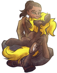 Size: 790x1011 | Tagged: safe, artist:tiothebeetle, oc, oc only, oc:veen sundown, horse, human, pegasus, pony, african, bag, clothes, demon hunter, female, fluffy, green eyes, mare, ponytail, shoes, sitting, smiling, snuggling, sundown clan