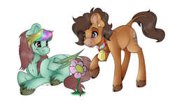 Size: 2000x1200 | Tagged: safe, artist:scarlettnovel, oc, oc only, oc:kinzzey starr, earth pony, pegasus, pony, bell, cloven hooves, cowbell, female, flower, mare, prone, simple background, white background