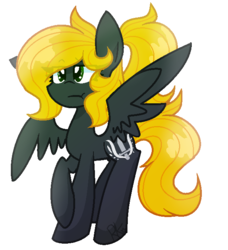 Size: 610x668 | Tagged: safe, oc, oc only, oc:veen sundown, horse, pegasus, pony, adorable face, bleh, blonde, cute, female, green eyes, mare, meh, ponytail, spread wings, standing, sundown clan, unamused, wings