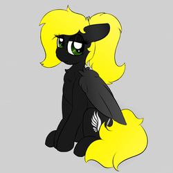 Size: 1200x1200 | Tagged: safe, artist:oozy, oc, oc only, oc:veen sundown, horse, pegasus, pony, blonde, cute, demon hunter, female, folded wings, green eyes, looking at you, mare, ponytail, simple background, sitting, smiling, sundown clan