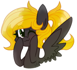 Size: 656x590 | Tagged: artist needed, safe, oc, oc only, oc:veen sundown, horse, pegasus, pony, :3, adorable face, blonde, blushing, bust, cheek squish, cute, female, green eyes, looking at you, mare, ponytail, so cute it kills you, solo, squishy cheeks, sundown clan