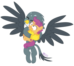 Size: 1125x1000 | Tagged: safe, artist:dm29, gabby, scootaloo, griffon, pegasus, pony, g4, bear hug, cute, cutealoo, cutie mark, derp, duo, duo female, eyes closed, female, filly, gabbybetes, hug, puffy cheeks, simple background, the cmc's cutie marks, transparent background, watermark