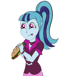 Size: 637x714 | Tagged: safe, artist:xethshade, sonata dusk, human, equestria girls, g4, :p, bracelet, female, food, jewelry, necklace, pendant, ponytail, sandwich, simple background, solo, tongue out, white background