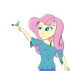 Size: 1500x1500 | Tagged: safe, artist:xethshade, fluttershy, bird, human, equestria girls, g4, clothes, female, off shoulder, simple background, solo, white background