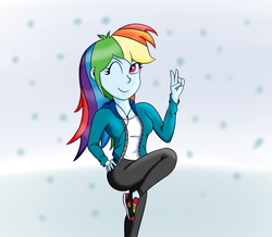 Size: 1500x1306 | Tagged: safe, artist:xethshade, rainbow dash, human, equestria girls, g4, clothes, earbuds, female, hand on hip, jacket, jogging, one eye closed, pants, peace sign, shoes, smiling, sneakers, snow, solo, sweatpants, wink