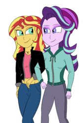 Size: 586x855 | Tagged: safe, artist:xethshade, starlight glimmer, sunset shimmer, human, equestria girls, equestria girls specials, g4, my little pony equestria girls: mirror magic, beanie, clothes, coat, duo, female, hat, jacket, jeans, jewelry, leather jacket, lesbian, midriff, necklace, pants, ship:shimmerglimmer, shipping, simple background, white background