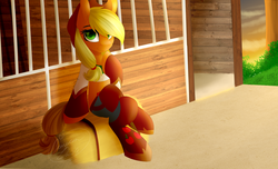 Size: 1024x623 | Tagged: safe, artist:jacobdawz, applejack, earth pony, pony, g4, chaps, clothes, colored pupils, cowboy hat, crossed legs, female, hair over one eye, hat, hay bale, heart eyes, hoof on chin, lidded eyes, looking at you, mare, signature, sitting, smiling, solo, stetson, wingding eyes