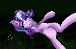 Size: 3429x2203 | Tagged: safe, artist:hippik, starlight glimmer, pony, unicorn, g4, female, glowing horn, high res, horn, lidded eyes, lying down, mare, on back, sleepy, solo, tired, tongue out