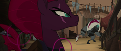 Size: 1920x804 | Tagged: safe, screencap, tempest shadow, pony, g4, my little pony: the movie, beautiful, broken horn, eye scar, female, hair, horn, implied pinkie pie, klugetown, mare, mohawk, scar, sniffing, solo focus, storm guard, tempest shadow's bodyguard